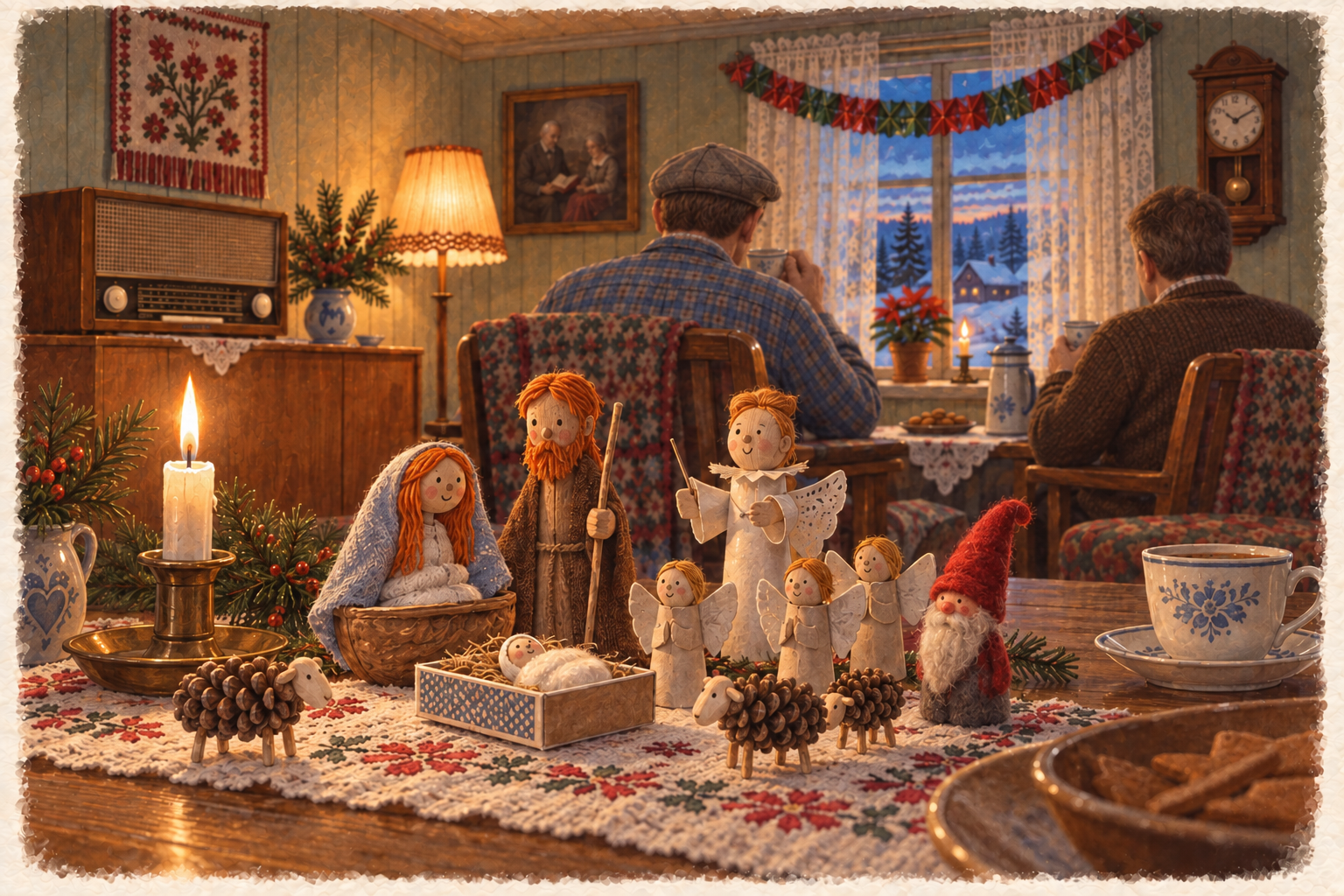 Olas hjemmelagde julestall med dorullengler og vattnisse. Ola og Sander sitter bak ved kaffebordet, sett bakfra.