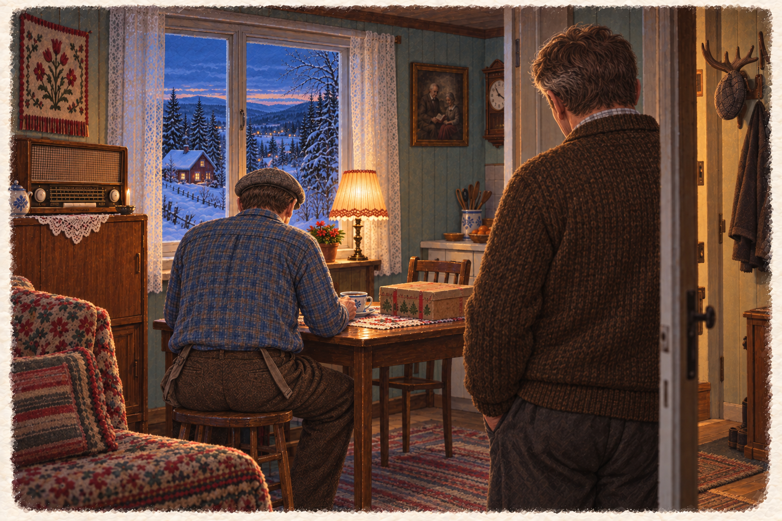 Ola sitter ved vinduet med kaffekoppen mens Sander står i døråpningen. Esken med julepynt står lukket på bordet.